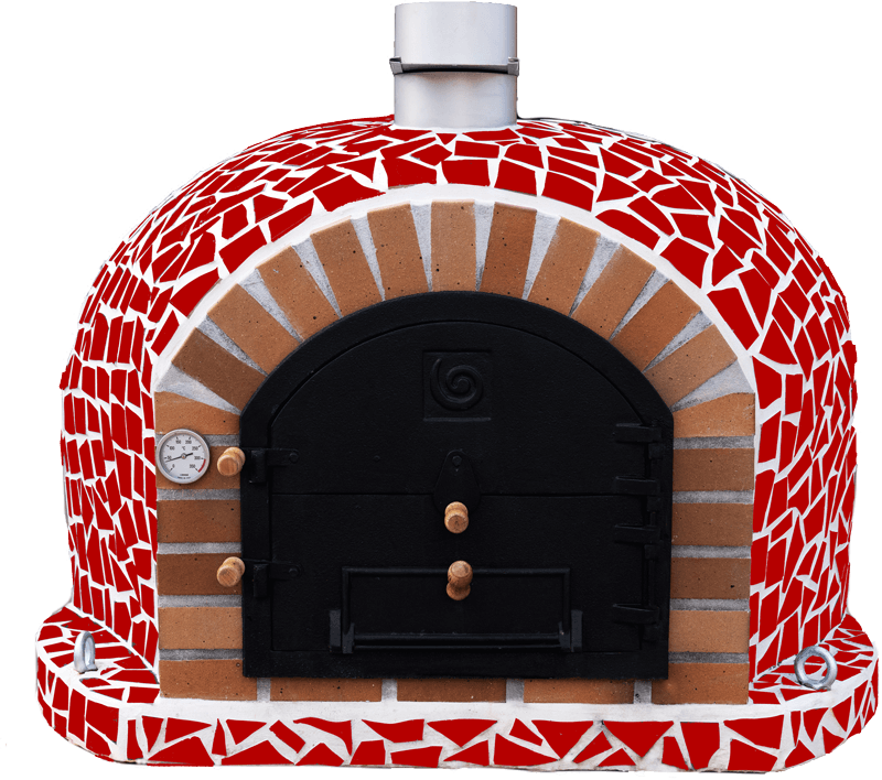 Moura Mosaic Red wood-fired pizza oven with a detailed mosaic tile design, showcasing vibrant colours and traditional craftsmanship._woodfiredoven.ie_dublin_cork_galway_limerick_mayo_kildare_meath_wicklow_wexford