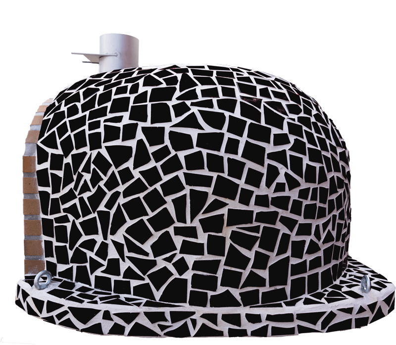 110cm Mosaico wood-fired oven in Onyx Black with handcrafted clay interior – perfect for Irish gardens and home cooking, delivering authentic wood-fired flavour year-round.