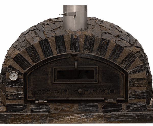 Almada Black Slate Stone wood-fired pizza oven – half-dome design with rustic slate finish, perfect for Irish gardens and outdoor cooking all year round